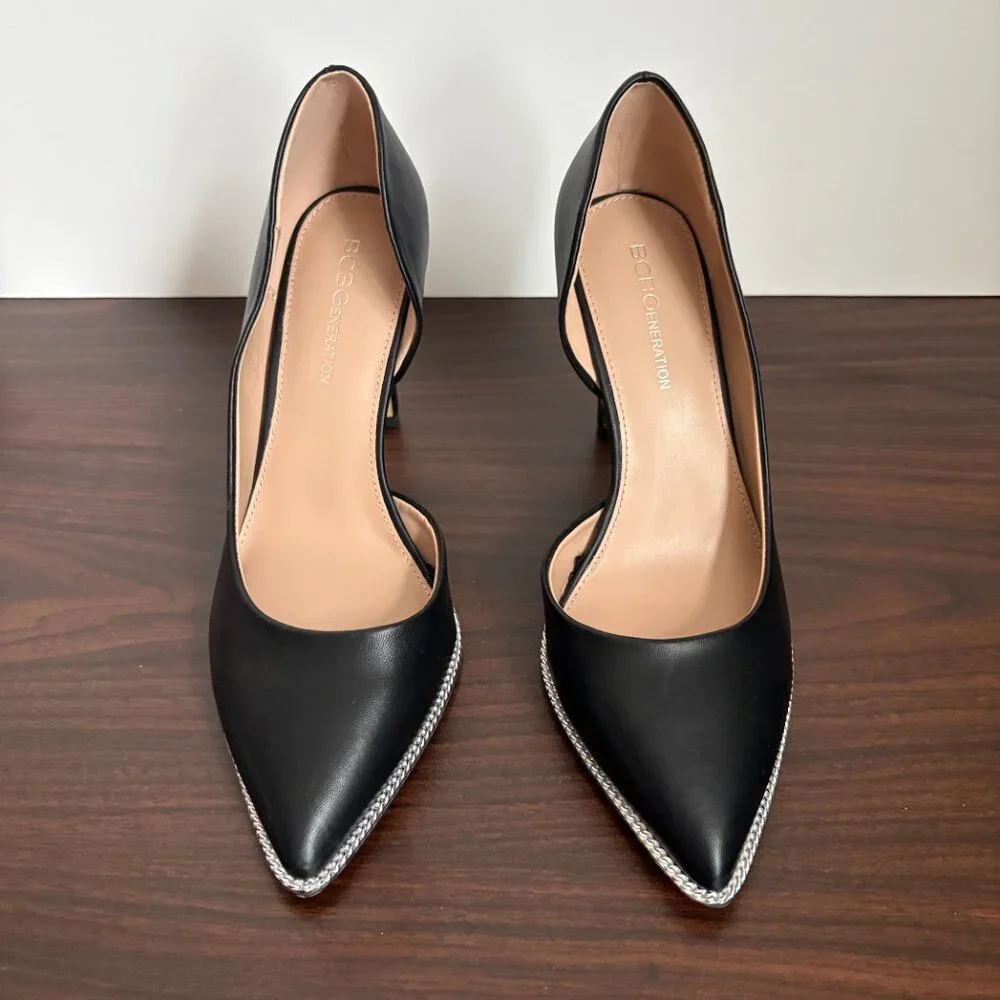 BCBGeneration Women's Harina Black Pointy Toe Silver Trim Heels Elegant Chic 8